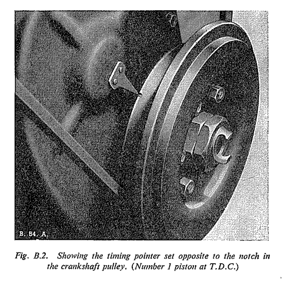 Fig B.2. Showing the timing pointer set opposite to the notch in the crankshaft pulley. (Number 1 piston at T.D.C.)